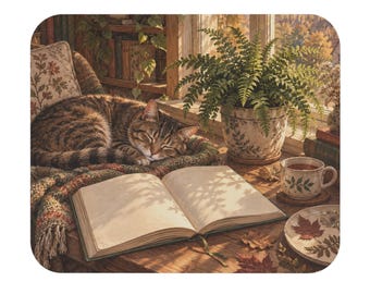 Mousepad com estampa de gato e cantinho de leitura outonal