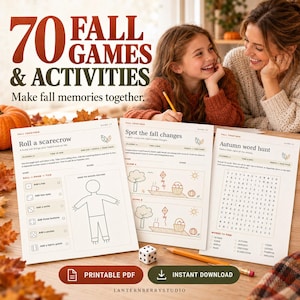 70 giochi e attività autunnali stampabili, per serate di giochi in famiglia (PDF) con guida per l'organizzatore e soluzioni.