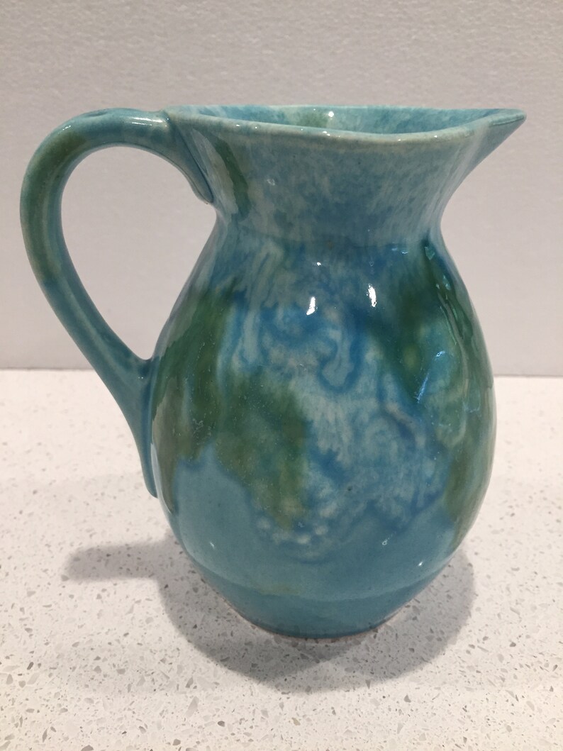 FREE US SHIPPING Hot Springs Pottery Arkansas Pitcher Arts and Crafts Era Art Deco Aqua Green Drip Glaze Studio Pottery 1930s 1940s
