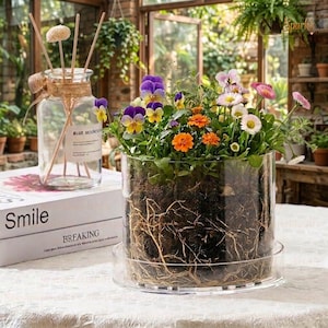 May include: A clear cylindrical glass planter containing soil and visible plant roots, holding a variety of colorful pansies and daisies. Next to it sits a clear glass bottle with a label reading BLUE MOUNTAIN, containing wooden sticks.