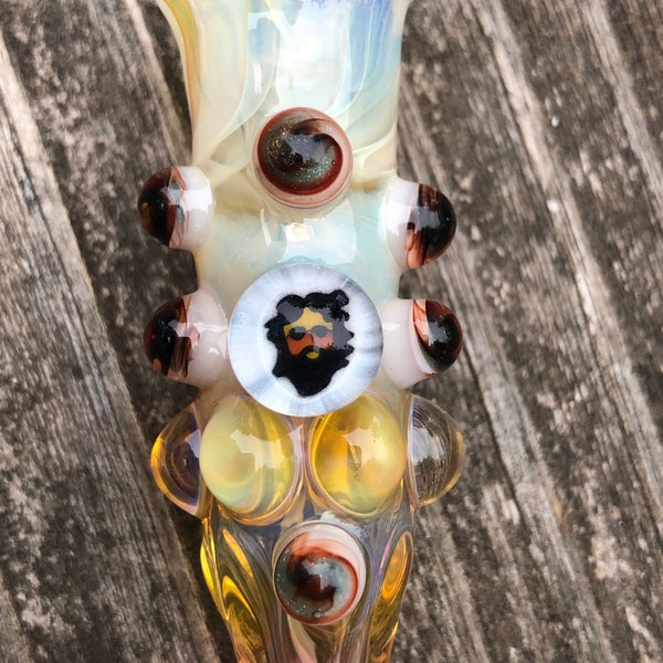 70’s Jerry  Glass pipes fumed chillum.  Hand blown Jerry Millie with sparkle blue and twisty cane. Color changing.  Flat mouth piece.