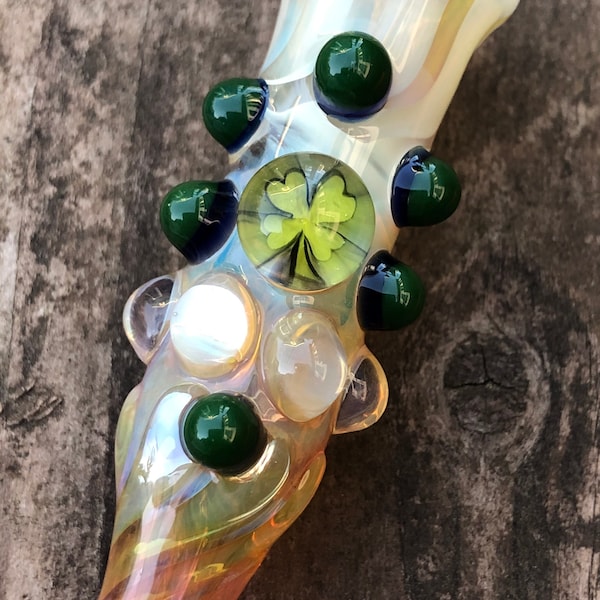 Shamrock Clover Glass pipes.  Shamrock Millie with green and blue highlights. Color changing.  Flat mouth piece.