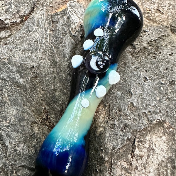 MOON and Stars Hand Blown Glass pipes chillum. Moon and Stars Millie with silver and white highlights. A great piece!!