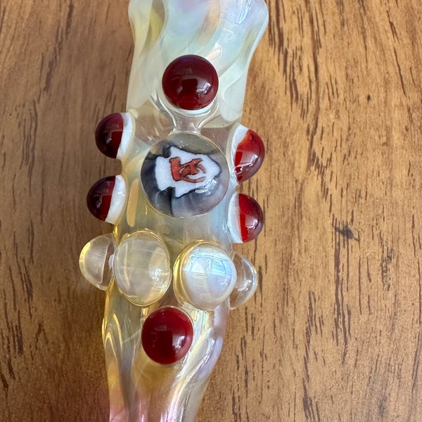 K.C. Glass pipes fumed chillum.  Hand blown K.c Millie. With red and white highlights. Color changing.  Flat mouth piece.