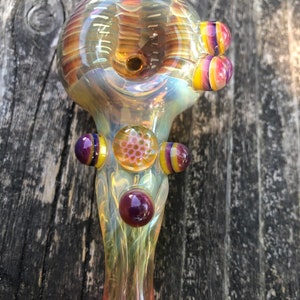 HONEYCOMB Glass pipes.HONEYCOMB with purple and yellow highlights. Fumed with silver and gold, color changing. Awesome piece image 3