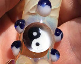 YIN YANG glass pipe chillum fumed one hitter.  Yin Yang Millie with blue highlights. Color changing.  Flat mouth piece.