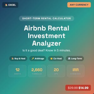 May include: A digital Excel short-term rental calculator titled Airbnb Rental Investment Analyzer. It features options for Buy & Host, Arbitrage, Co-Host, and Long-Term, with 12 sheets, 2,660 formulas, and 20 KPIs displayed on a green gradient background.