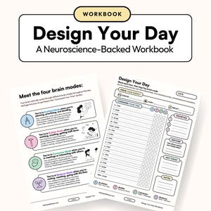 May include: A My Day Method workbook titled Design Your Day, A Neuroscience-Backed Workbook. It includes two pages: one explaining four brain modes—Architect, Builder, Connector, and Restorer—and a daily planning sheet with hourly time blocks.
