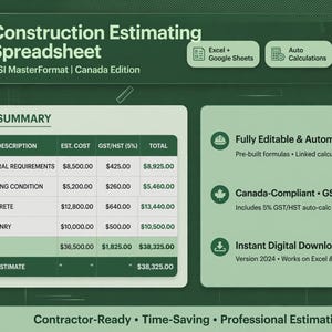 Construction Estimating Spreadsheet - Canada | CSI MasterFormat Bid Template | Contractor Cost Calculator Excel | GST Included