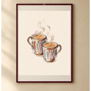 May include: A framed wall art print featuring a watercolor illustration of two mugs filled with steaming coffee. The mugs have a colorful, striped pattern in shades of brown, purple, and teal. The word Ola is printed at the top center.