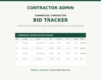 Planificador de licitaciones para contratistas comerciales / Plantilla de Excel para presupuestos y ganancias (Descarga digital)