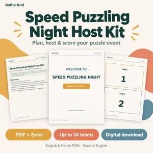 Peut inclure: Un kit d'organisation pour soirée de puzzle rapide comprenant trois pages de documents blanches avec du texte vert foncé et orange. Les pages incluent un guide de démarrage, une affiche de bienvenue avec le texte Ready. Set. Puzzle. et des numéros de table.