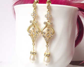 Pearl Crystal bridal earrings, gold chandelier earrings, wedding earrings, gold & pearl earrings, gold bridal vintage chandelier earrings