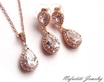 Rose gold bridal jewelry set, rose gold drop earrings & necklace set, rose gold wedding jewelry, bridal crystal jewelry, bridesmaid jewelry