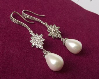 Bridal pearl drop earrings, wedding earrings, silver pearl bridal earrings, pearl crystal earrings, silver wedding jewelry, bridal jewelry