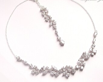 Bridal necklace, backdrop wedding necklace, crystal backdrop necklace, cubic zirconia necklace, bridal back necklace silver crystal necklace
