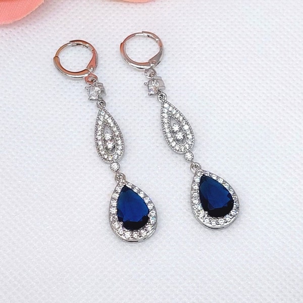 Blue chandelier earrings, silver bridal sapphire earrings, drop wedding earrings, navy blue earrings, long sapphire cubic zirconia earrings