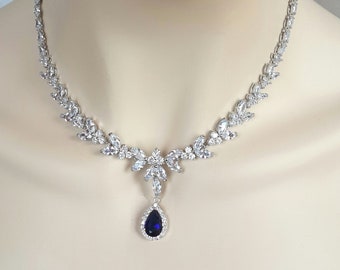 Saphire bridal necklace, blue sapphire wedding necklace, sapphire crystal bridal jewelry set, blue wedding jewelry, sapphire necklace set