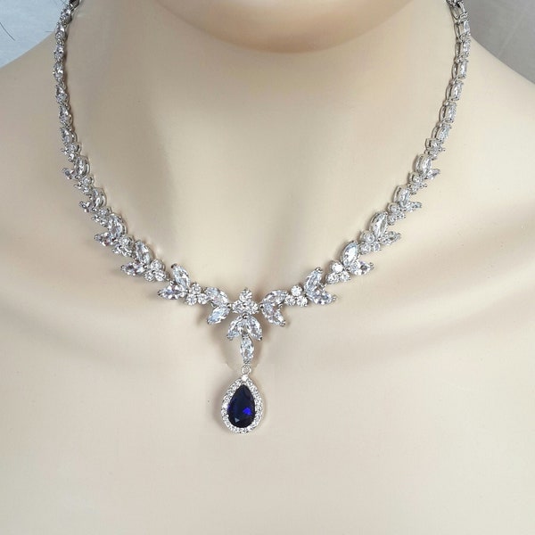 Saphire bridal necklace, blue sapphire wedding necklace, sapphire crystal bridal jewelry set, blue wedding jewelry, sapphire necklace set