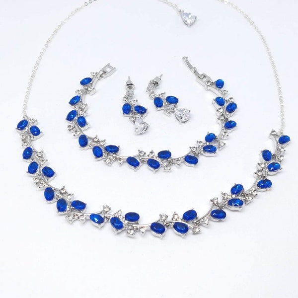 Blue sapphire jewelry set, wedding necklace & earrings set, sapphire necklace set, wedding jewelry set, blue bridal jewelry set, sapphire cz