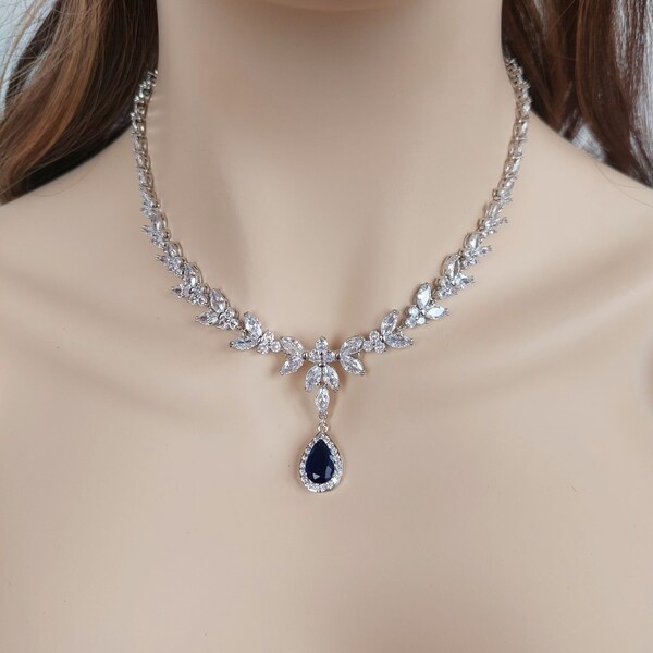 Saphire bridal necklace, blue sapphire wedding necklace, sapphire crystal bridal jewelry set, blue wedding jewelry, sapphire necklace set