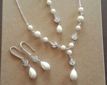 Bridal jewelry set, pearl backdrop necklace, wedding jewelry set, pearl bridal necklace, bridal backdrop necklace wedding necklace for bride