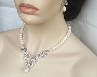 Bijoux de mariée en perles, pour la mariée, ensemble collier et boucles d'oreilles, collier de perles de mariage vintage, ensemble de bijoux de mariage, ensemble de collier de mariage de perles