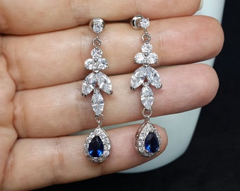 Silver & sapphire earrings, bridal earrings, sapphire drop earrings, wedding blue crystal earrings, prom jewelry, saphire dangle earrings