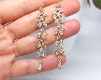 Gold Bridal Earrings Gold Chandelier Earrings Gold Wedding Earrings Crystal Drop Earrings Yellow Gold Vine Earrings Bride Dangle Earrings