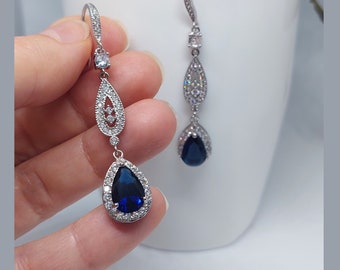 Sapphire bridal earrings, sapphire earrings, wedding earrings, sapphire drop earrings, royal blue chandelier earrings, navy blue earrings