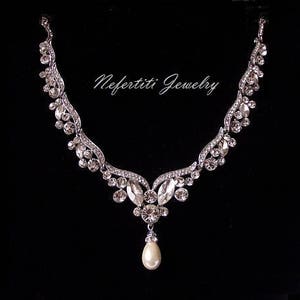 Pearl bridal necklace art deco wedding necklace bride jewelry vintage rhinestone & pearl necklace wedding jewelry pearl drop bride necklace