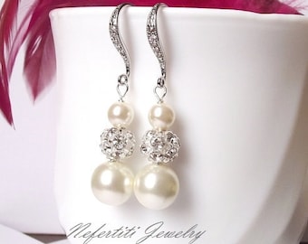 Crystal and pearl bridal earrings, pearl bridesmaid earrings, wedding jewelry, pearl earrings, wedding earrings, pearl rhinestone earrings