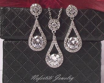 Silver bridal jewelry set, wedding jewelry set, for brides, simple bridal drop earrings & necklace set, CZ teardrop crystal wedding set