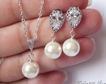 Pearl earrings and necklace, wedding jewelry, simple bridal necklace & earrings, pearl bridal jewelry set, silver bridesmaid pearl drop set