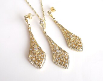 Vintage Style Gold bridal earrings, gold wedding earrings, gold chandelier bridal earings, art deco gold rhinestone earrings, bridal jewelry