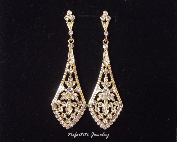 Vintage Style Art Deco Gold Bridal Earrings Crystal Wedding - Etsy