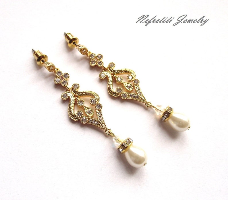 Pearl Crystal bridal earrings, gold chandelier earrings, wedding earrings, gold & pearl earrings, gold bridal vintage chandelier earrings image 7