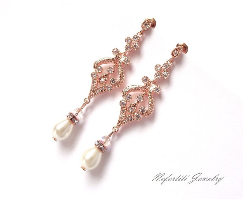 Pearl Crystal bridal earrings, gold chandelier earrings, wedding earrings, gold & pearl earrings, gold bridal vintage chandelier earrings image 9