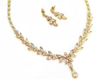 Gold Wedding Necklace, for brides, Gold Bridal Necklace, Gold Bridal Jewelry Set, Gold Leaf Necklace, Wedding Jewelry, Crystal Gold Necklace