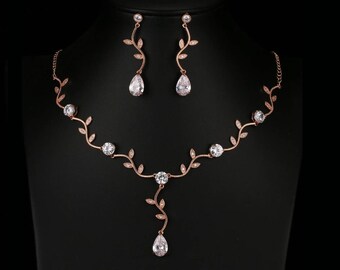 roségouden bruidssieraden set roségouden bruiloft sieraden set roségouden ketting wijnstok bruidsketting roségoud set trouwketting &oorbellen