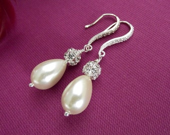 Wedding earrings, pearl bridal earrings, teardrop pearl earrings, wedding jewelry, bridesmaid earrings, ivory pearl drop earrings for brides