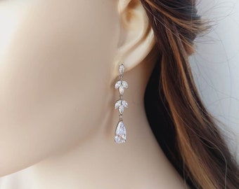 Dangle drop bridal chandelier earrings, silver wedding earrings for bride, teardrop bridal earrings, crystal drop earrings, gift for her