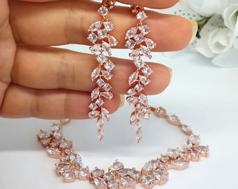 Rose gold wedding jewelry set, for brides, crystal wedding earrings bracelet, rose gold bridal jewelry set, rose gold bridesmaid jewelry set