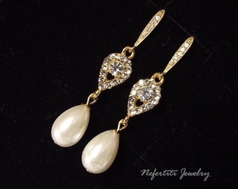 Gold wedding bridal earrings, crystal pearl drop bridal earrings, wedding jewelry, pearl wedding earrings,gold chandelier bridal earings