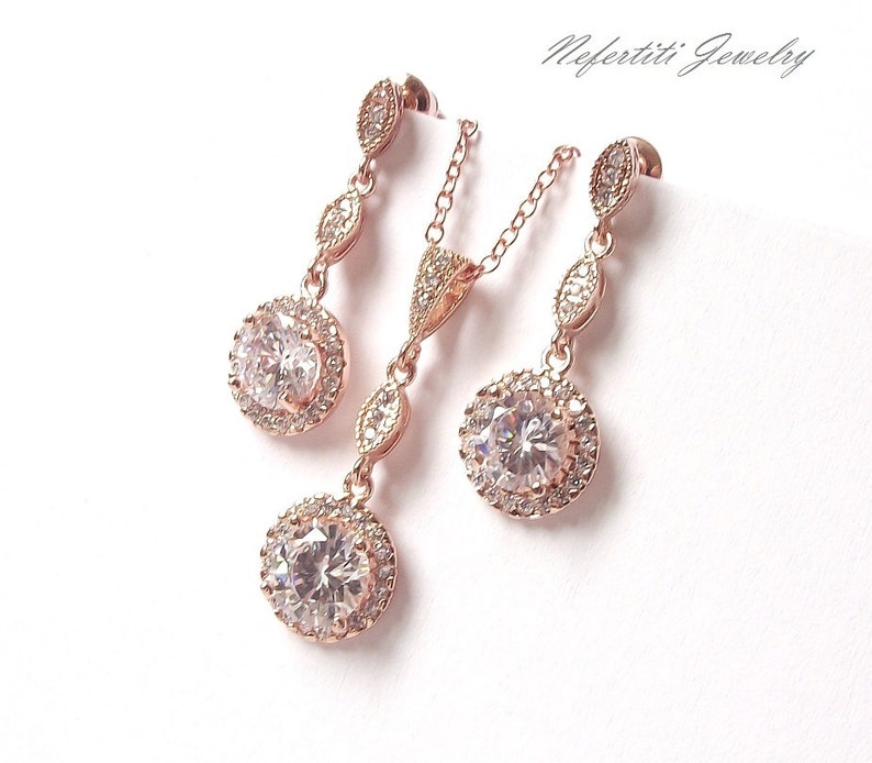 wedding jewelry set cubic zirconia necklace and earrings rose gold wedding jewelry rose gold bridal jewelry Rose gold bridesmaid jewelry