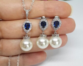 Sapphire Bridal Jewelry Set Sapphire & Pearl Wedding Jewelry Set Sapphire Jewelry Pearl and Sapphire Earrings and Necklace Set