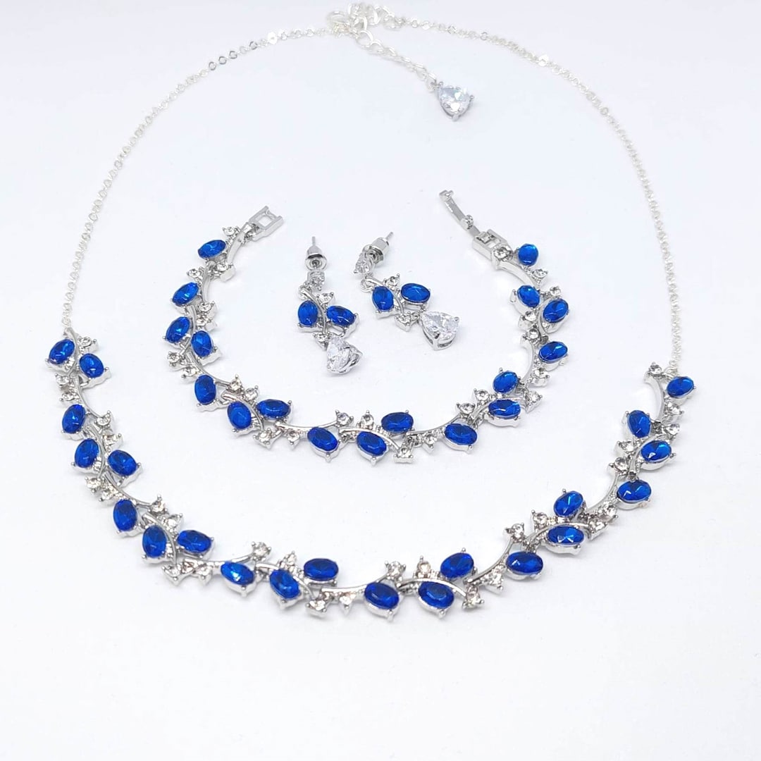 Blue Sapphire Jewelry Set, Wedding Necklace & Earrings Set, Sapphire