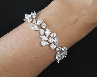 Pulsera cúbica de zirconia, pulsera nupcial, pulsera de bodas de plata para novia, pulsera de puño de cristal, pulsera cz, joyería nupcial,