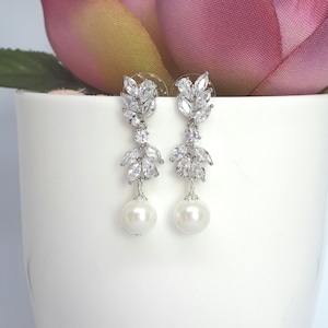 Pearl bridal earrings pearl drop earrings wedding earrings silver bridal pearl earrings wedding pearl diamond earrings bridesmaid earrings