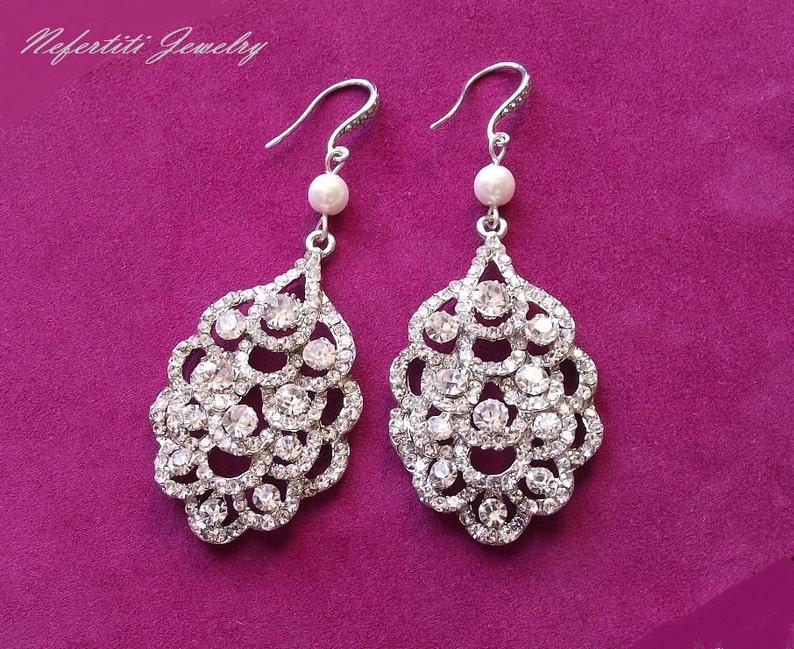 pearl chandelier earrings bridal jewelry rhinestone earring Chandelier wedding earrings silver bridal earrings crystal /& pearl earrings